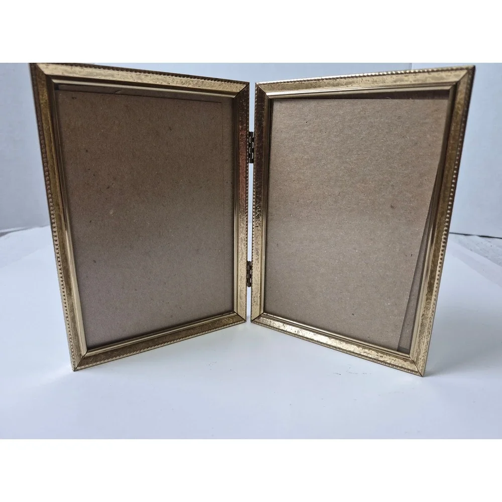Vintage Gold Metal Double Picture Frame Folding Hinged 4x6 Tabletop etched Edge